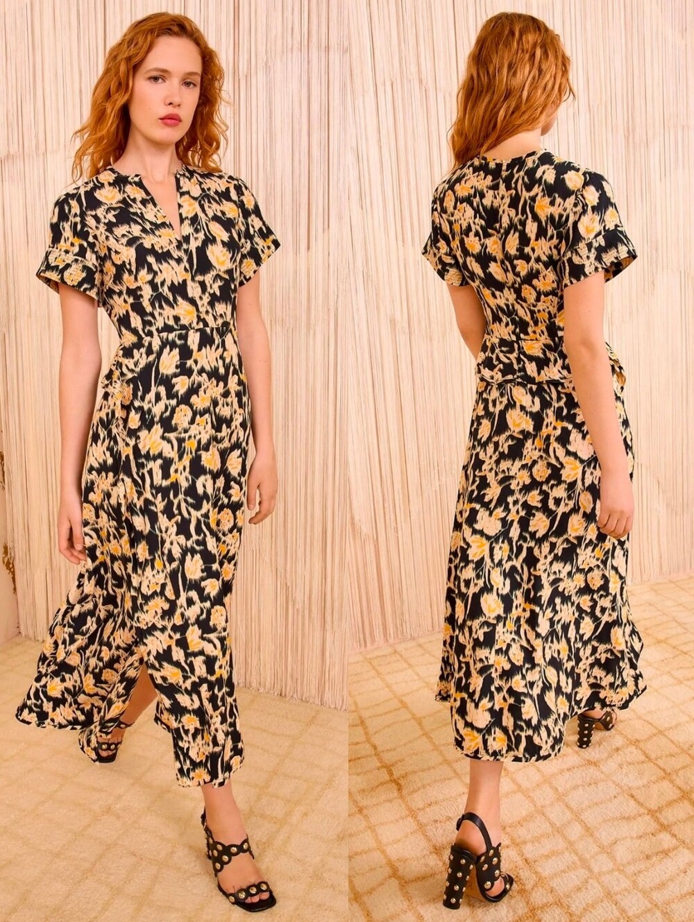 NWT ULLA JOHNSON Black Nadya Abstract Floral Print Short Sleeve Midi Dress